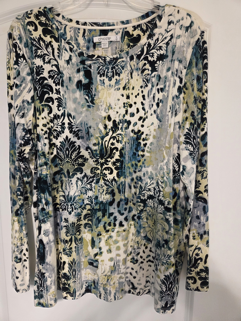 Chico's Mixed Floral & Abstract Long-Sleeve Top in Teal, Olive and Black Size 3
